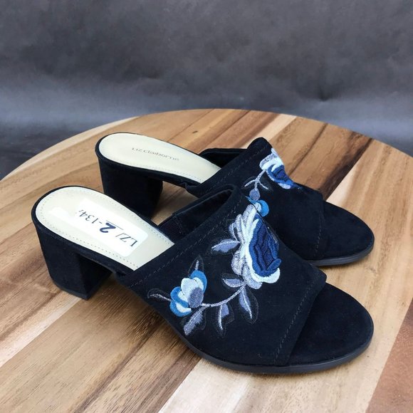 Liz Claiborne Black Faux Suede Floral Peep Toe Block Heel Mules Shoes Womens 6 - Picture 1 of 8